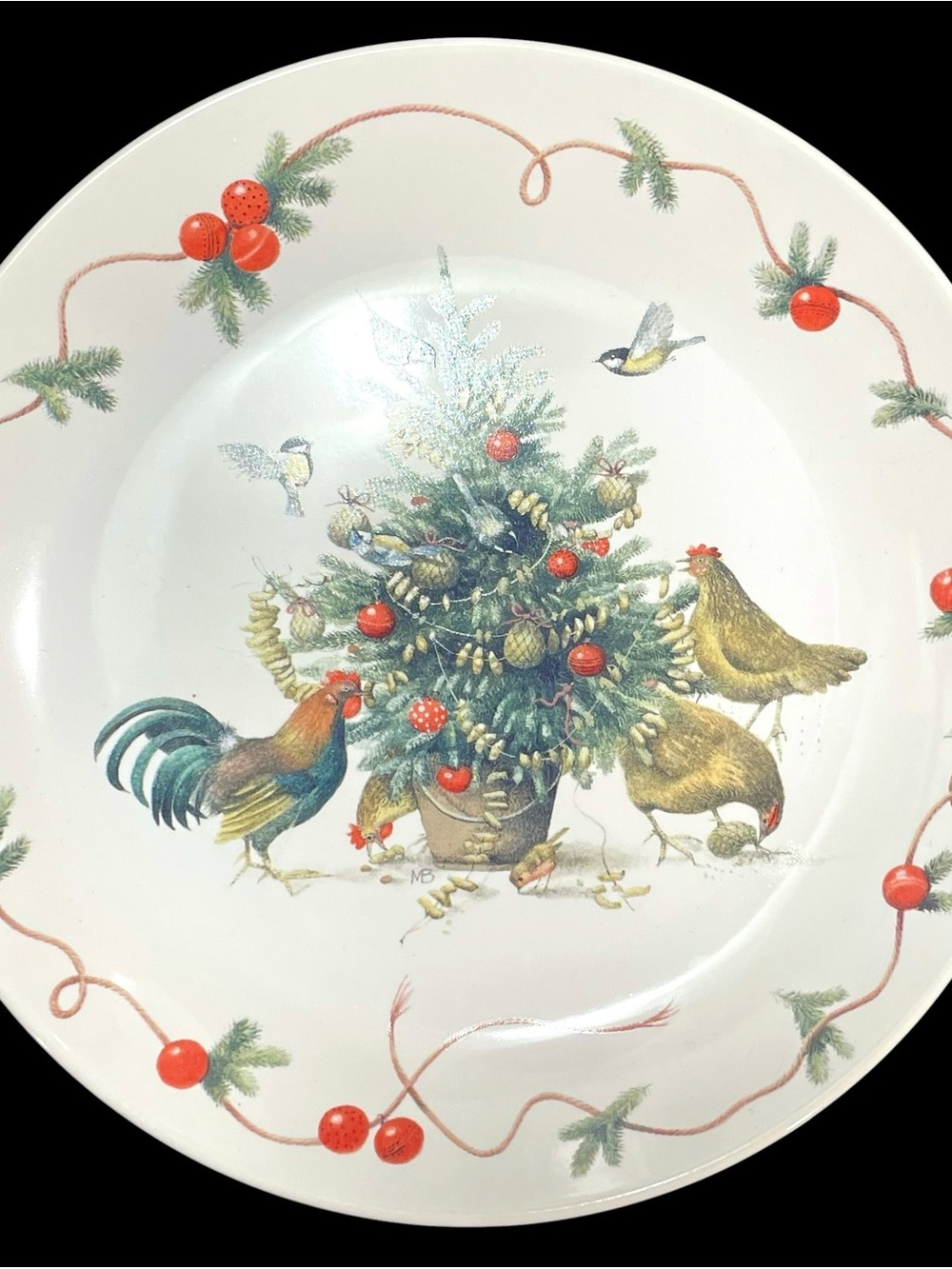 Vintage 1990s Marjolein Bastin 1995 Christmas Tree Plate Roosters Chickens Birds